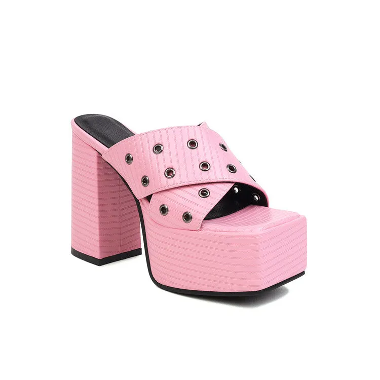 Women's Solid Color Square Toe Thick Sole Block Heel Platform Sandals
