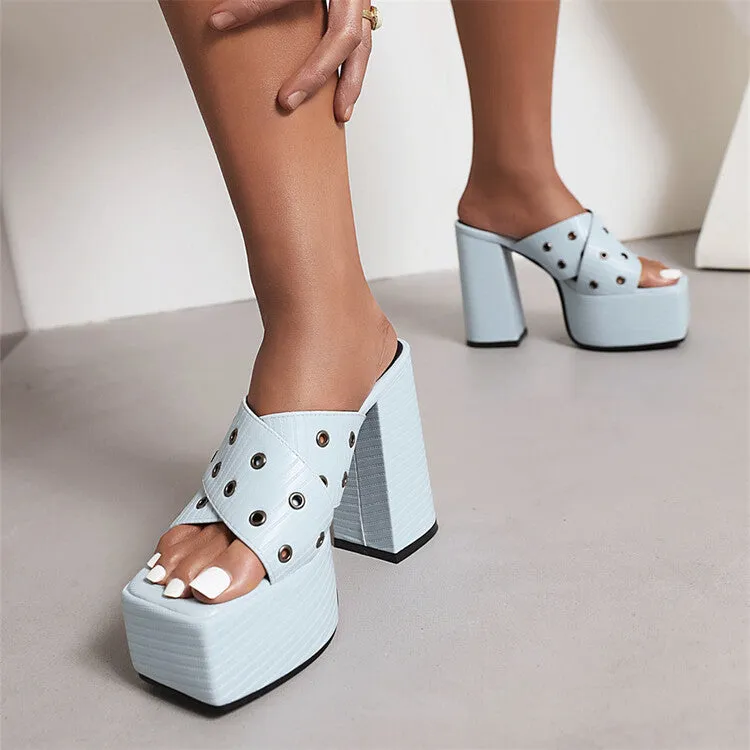 Women's Solid Color Square Toe Thick Sole Block Heel Platform Sandals
