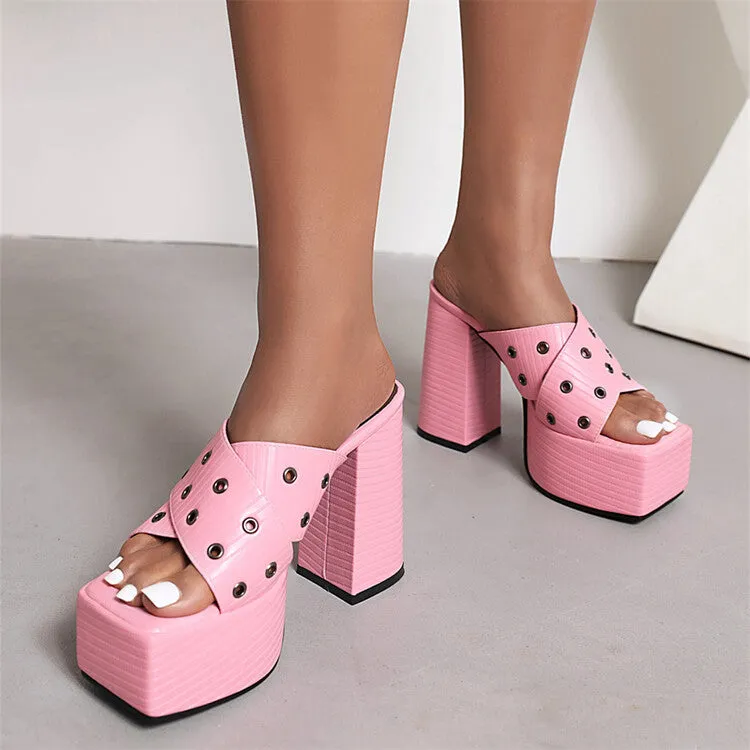Women's Solid Color Square Toe Thick Sole Block Heel Platform Sandals