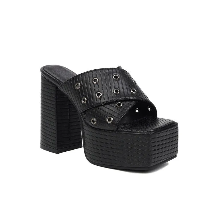 Women's Solid Color Square Toe Thick Sole Block Heel Platform Sandals