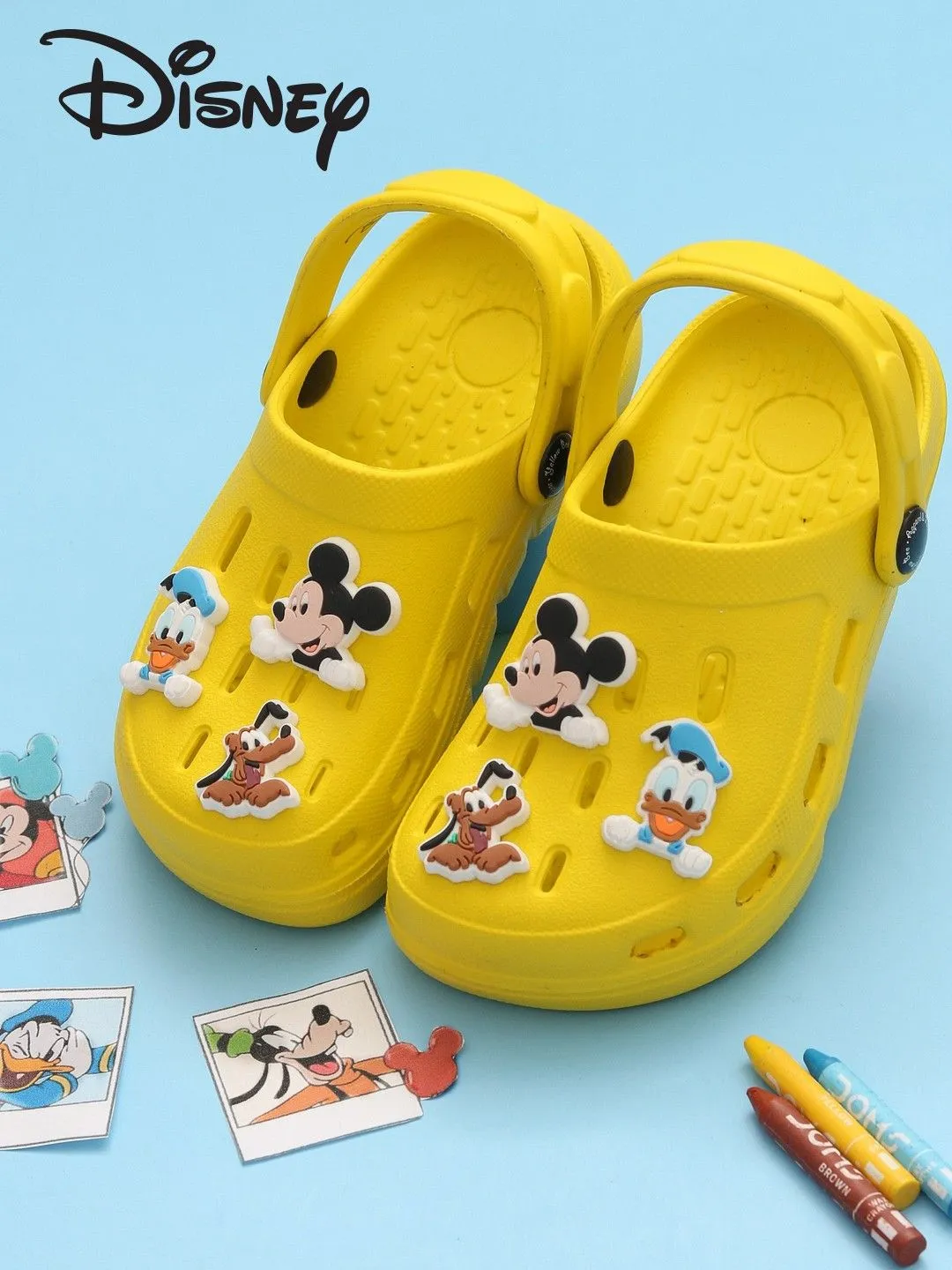 Yellow Bee Boys’ Disney Clogs with Mickey Mouse, Donald Duck & Pluto Charms – Yellow