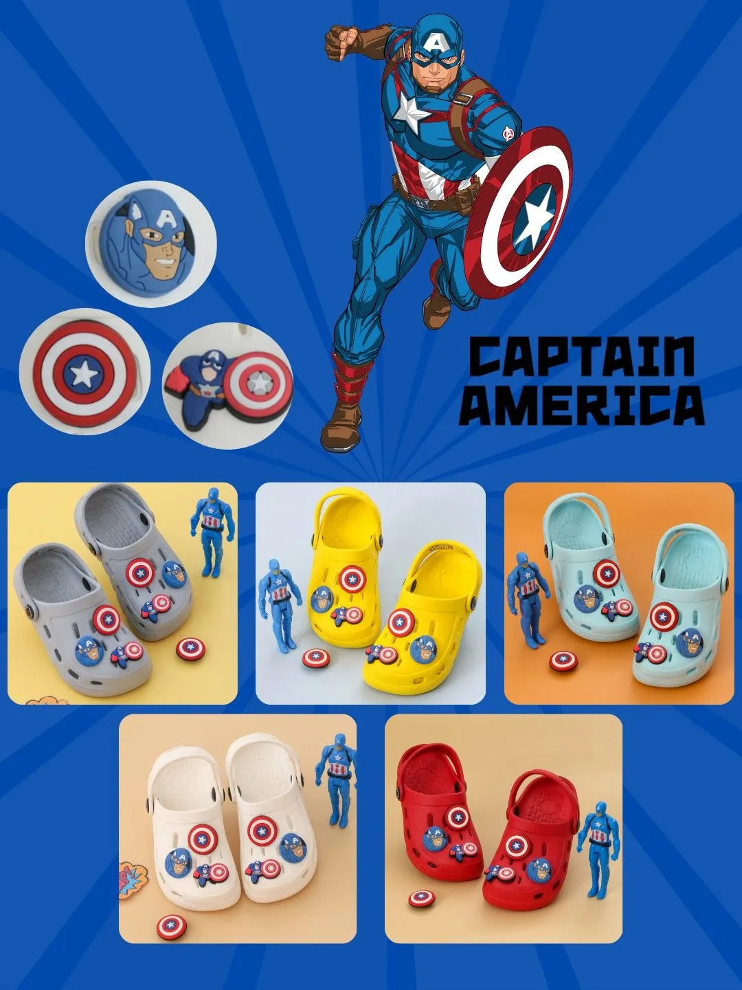 Yellow Bee Boys’ Marvel Captain America Clogs with Shield & Character Charms – Yellow